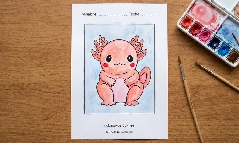 Dibujo de un ajolote regordete sentado coloreado con acuarelas