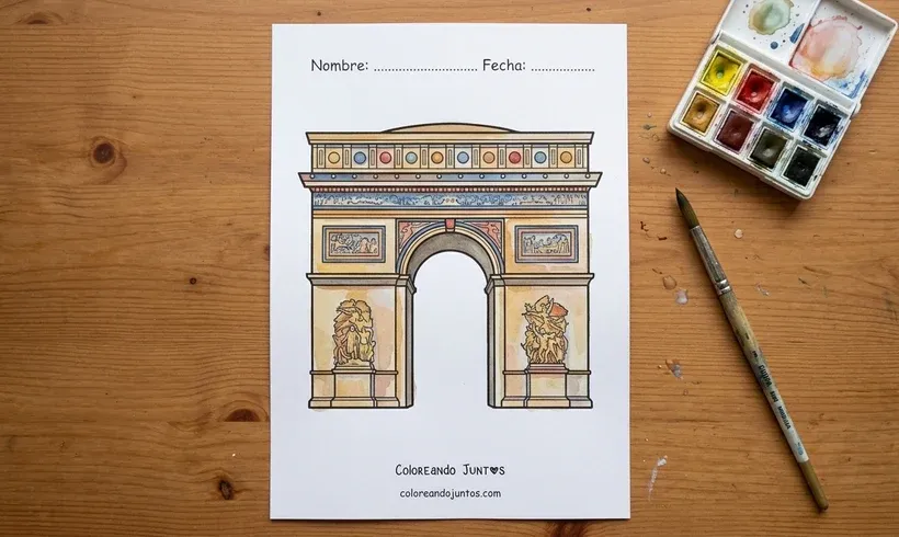 Dibujo del Arco del Triunfo coloreado con acuarelas