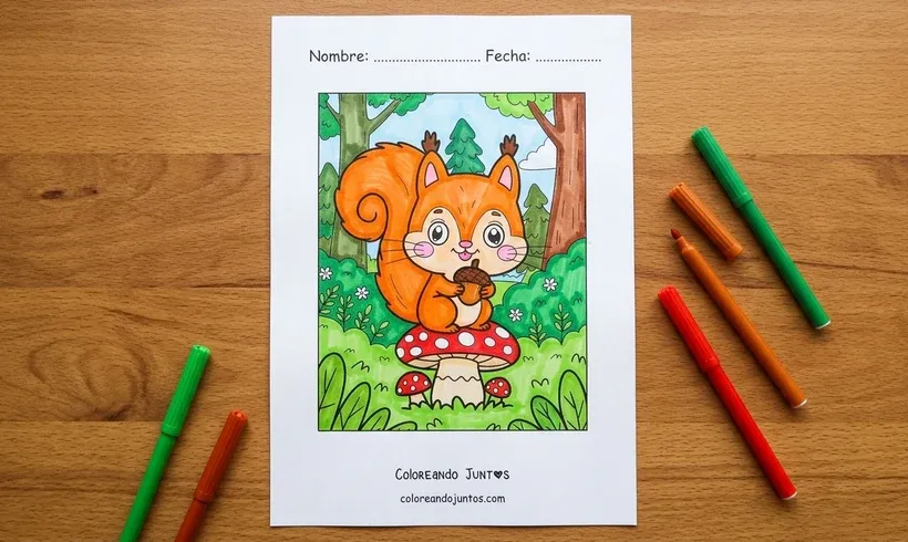 Dibujo de una ardilla sentada sobre un hongo comiendo una bellota, coloreada con marcadores