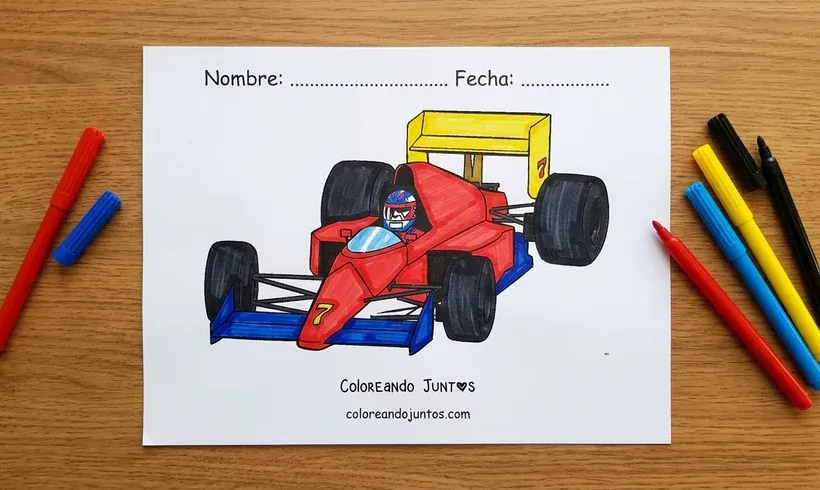 Dibujo de un auto de Fórmula 1 con su piloto coloreado con marcadores
