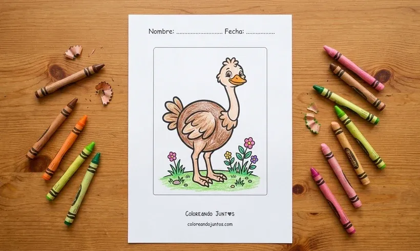 Dibujo de una avestruz tierna coloreada con crayones