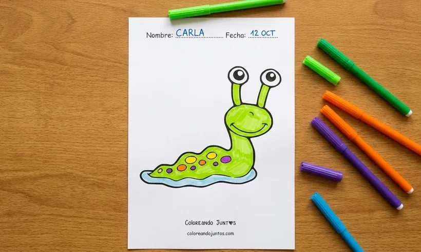 Dibujo de una babosa de dibujos animados coloreada con marcadores