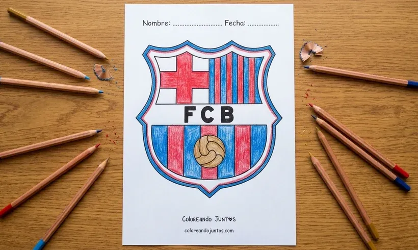 Dibujo del escudo del Barcelona coloreado con lápices