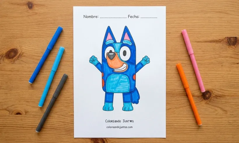 Dibujo de Bluey saludando, coloreado con marcadores