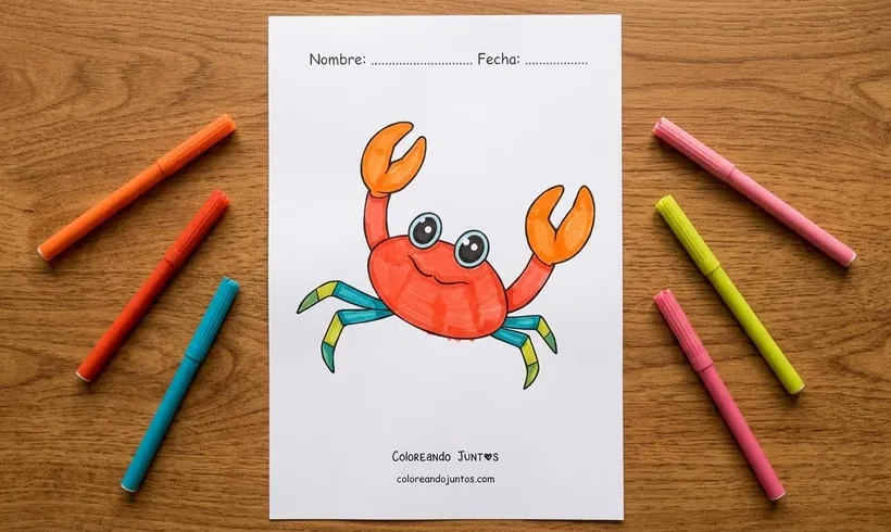 Dibujo de un cangrejo de dibujos animados coloreado con marcadores