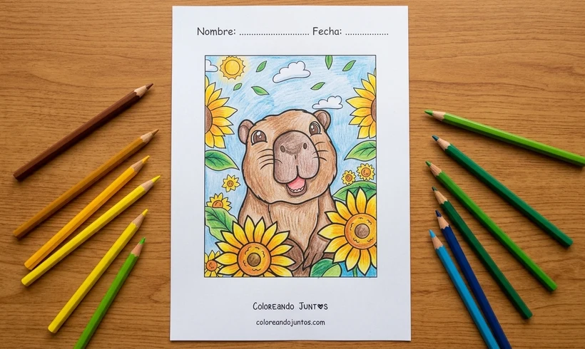 Dibujo de un capibara entre girasoles coloreado con lápices de colores
