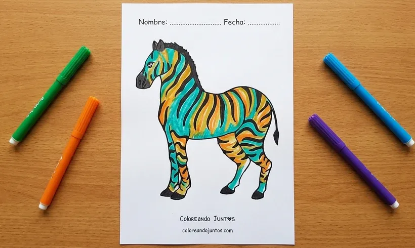 Dibujo de una cebra de pie coloreada con marcadores
