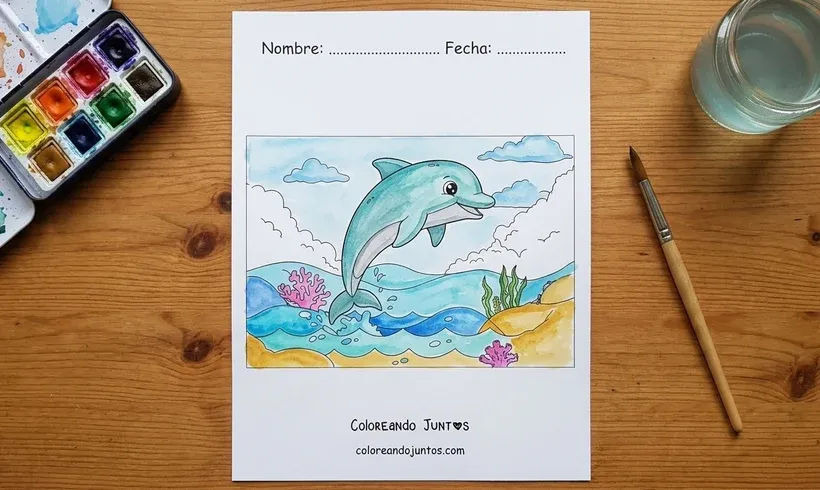 Dibujo de un delfín saltando sobre el mar coloreado con acuarelas