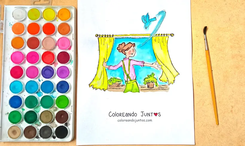 Dibujo de una chica despertando coloreado por Coloreando Juntos