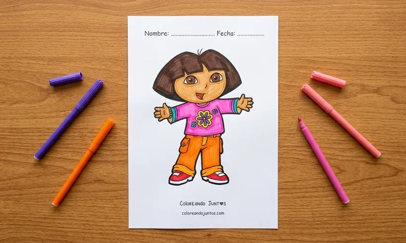 Dibujo de Dora la Exploradora saludando con los brazos abiertos coloreado con marcadores