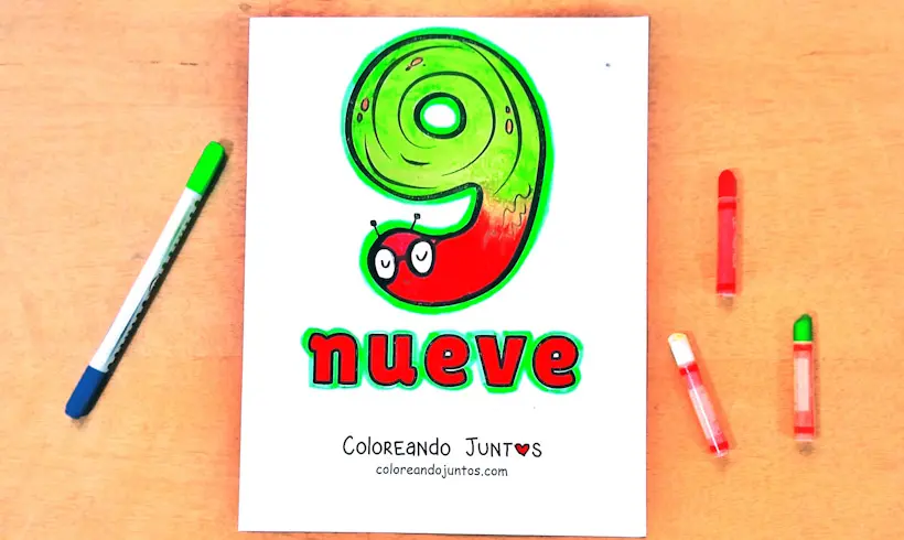 Dibujo del número 9 coloreado por Coloreando Juntos