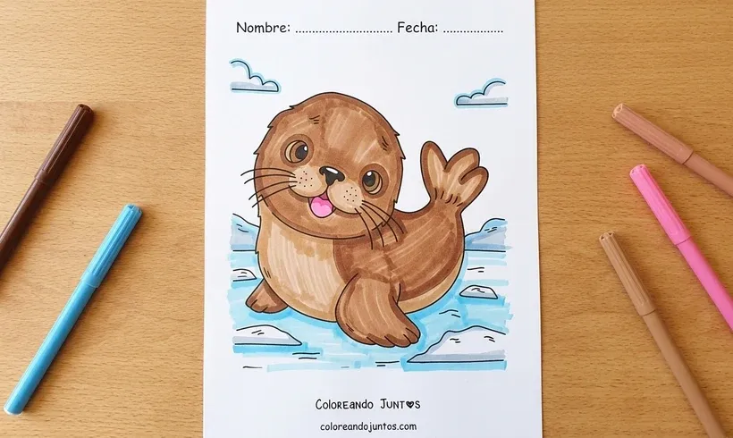 Dibujo de una cría de foca arpa coloreado con marcadores