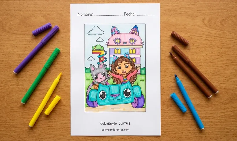 Dibujo de Gabby y Pandy Paws paseando en el auto Carlita frente a la casa de muñecas, coloreado con marcadores