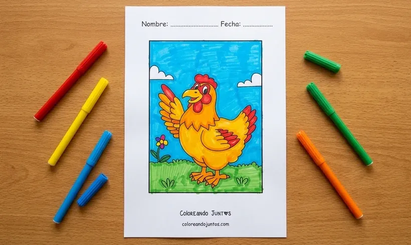 Dibujo de una gallina de dibujos animados con el ala levantada y una gran sonrisa, coloreada con marcadores