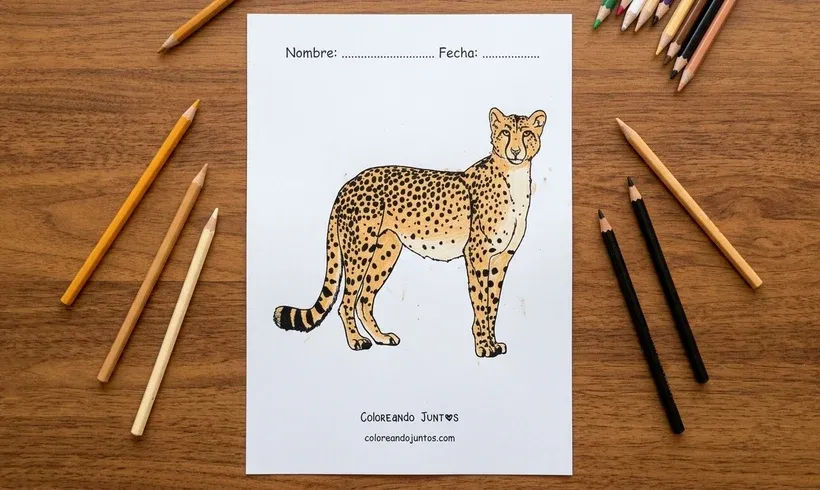 Dibujo de un guepardo de pie coloreado con lápices