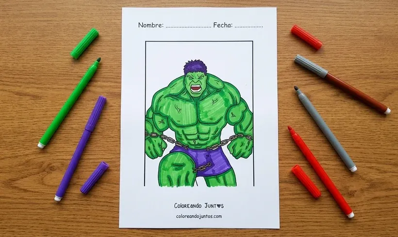 Dibujo de Hulk rompiendo cadenas coloreado con marcadores
