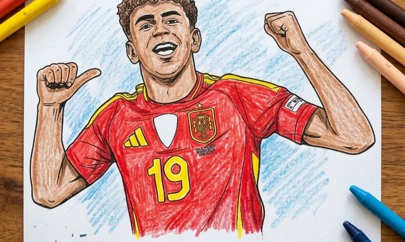 Dibujo de Lamine Yamal celebrando un gol con la camiseta de España coloreado con crayolas