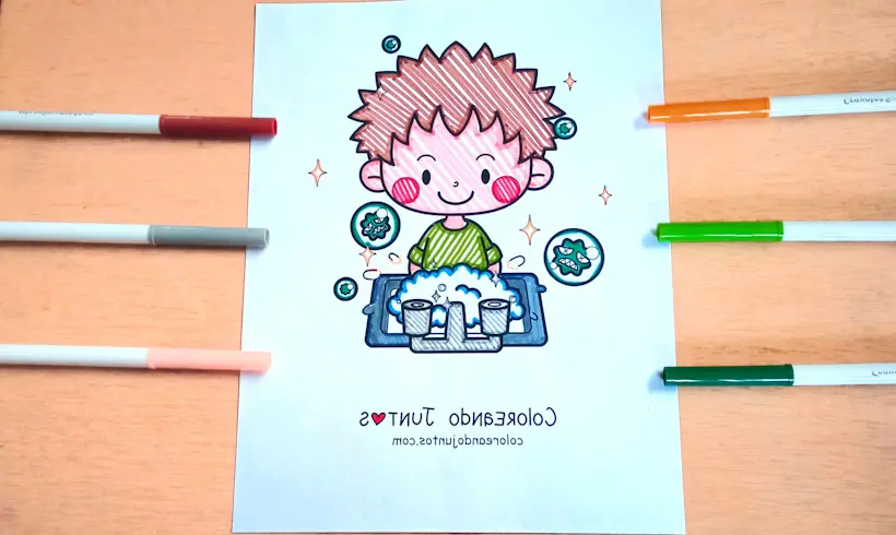 Dibujo de un niño lavando sus manos coloreado por Coloreando Juntos