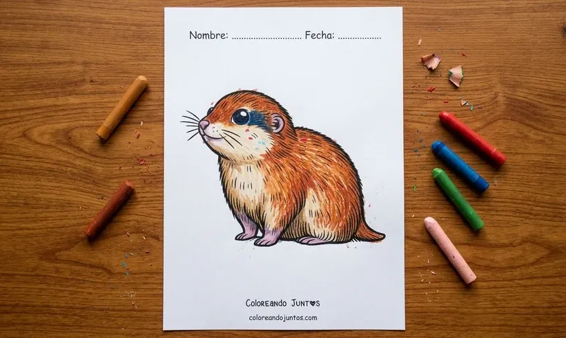 Dibujo de un lemming sentado coloreado con crayones