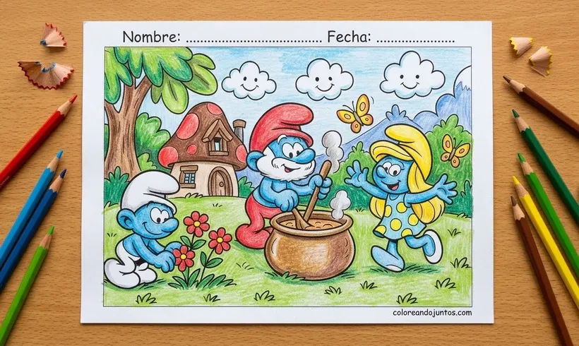 Dibujo de Papá Pitufo y su caldero coloreado con lápices de colores