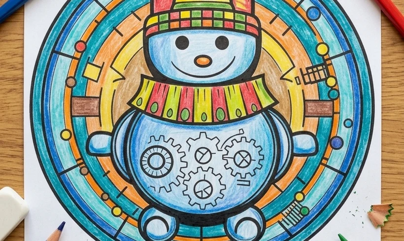 Mandala de invierno con muñeco de nieve coloreado con lápices