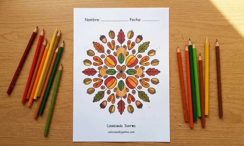 Mandala de otoño con bellotas y hojas de roble coloreado con lápices