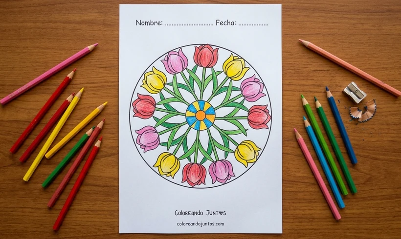 Mandala de primavera con tulipanes coloreado con lápices de colores