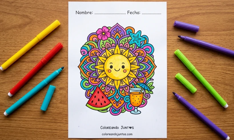 Mandala de verano con sol sonriente y sandía coloreado con marcadores