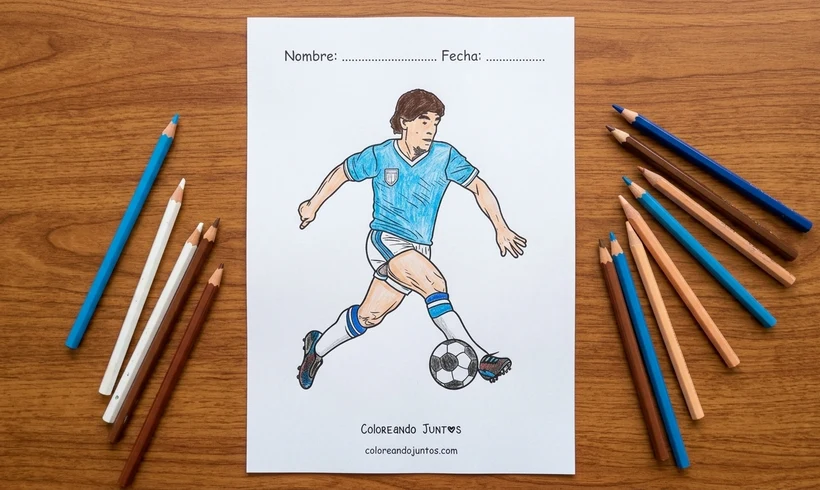 Dibujo de Maradona gambeteando con la camiseta de Argentina coloreado con lápices