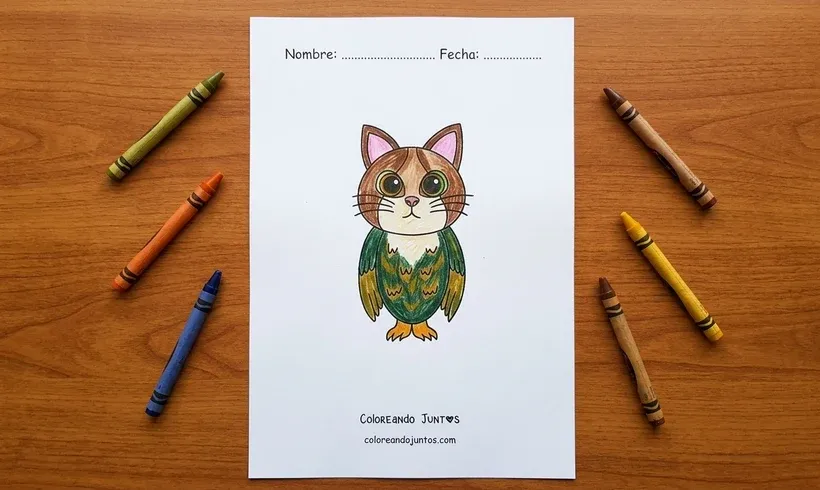 Dibujo de un Meowl, mitad gato mitad búho, coloreado con crayones