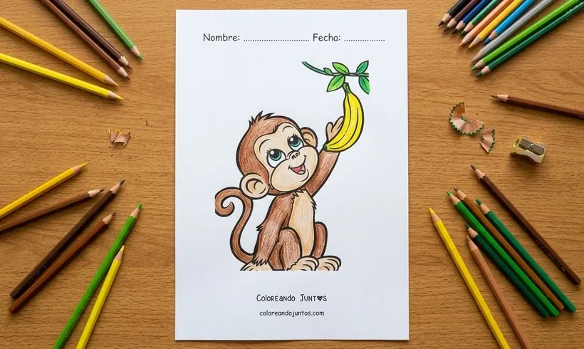 Dibujo de un mono sentado con una banana coloreado con lápices de colores