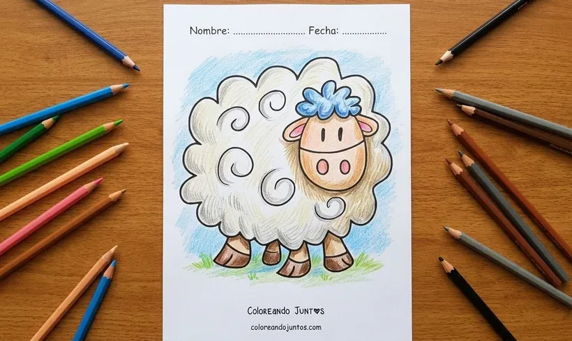 Dibujo de una oveja de dibujos animados con la lana llena de rulos y una gran sonrisa, coloreada con lápices de colores