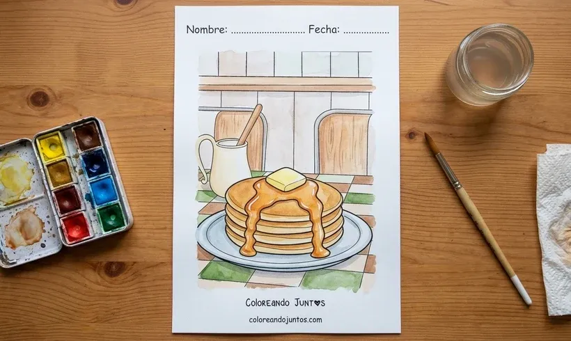 Dibujo de una pila de panqueques con manteca y miel coloreado con acuarelas