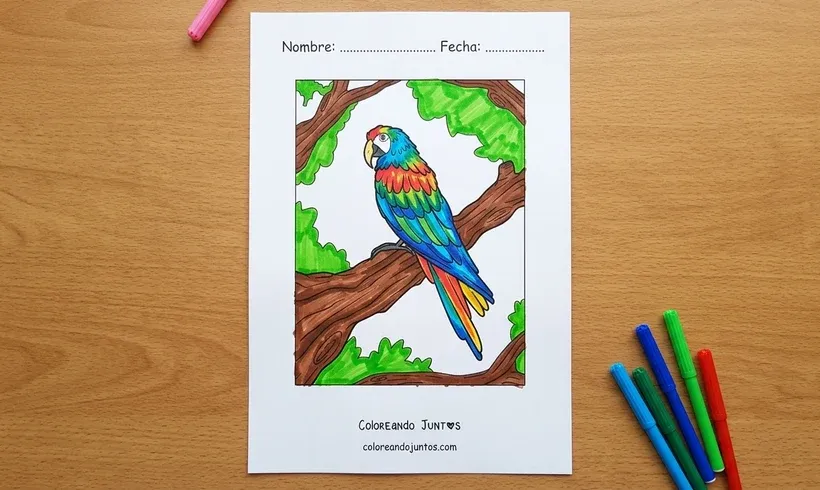 Dibujo de un guacamayo posado en una rama coloreado con marcadores