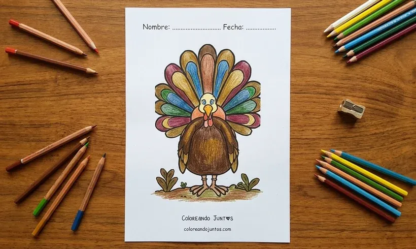 Dibujo de un pavo con la cola de plumas abierta coloreado con lápices de colores