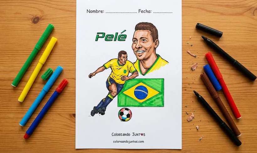 Dibujo de Pelé con la bandera de Brasil coloreado con marcadores