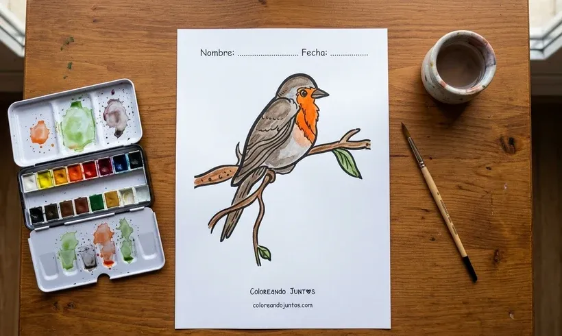 Dibujo de un petirrojo posado en una rama coloreado con acuarelas