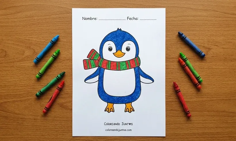 Dibujo de un pingüino con bufanda coloreado con crayones