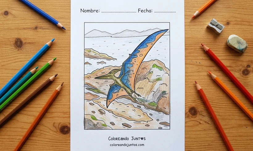 Dibujo de un pterodáctilo planeando sobre una isla coloreado con lápices de colores