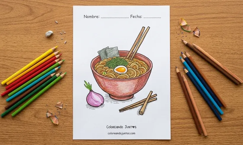 Dibujo de un tazón de ramen con huevo coloreado con lápices