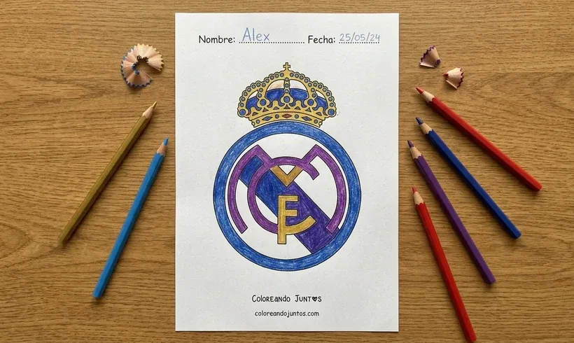 Escudo del Real Madrid coloreado con lápices de colores