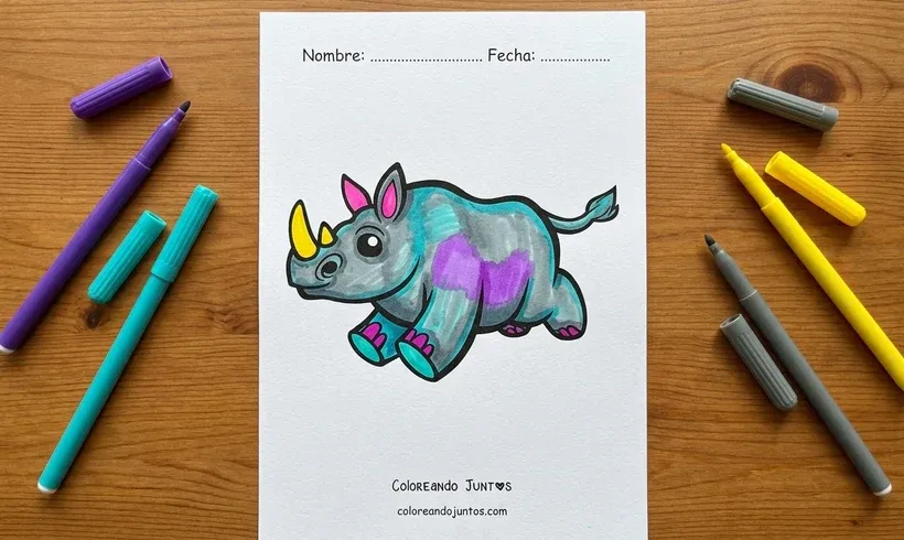 Dibujo de un rinoceronte de dibujos animados corriendo coloreado con marcadores