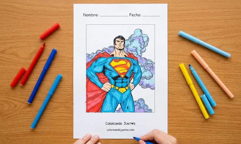Dibujo de Superman de pie con las manos en la cintura coloreado con marcadores