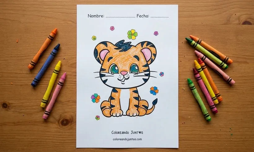 Dibujo de un tigre bebé entre flores coloreado con crayones