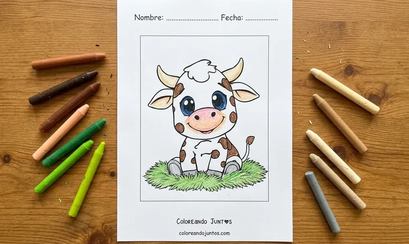 Dibujo de una vaquita de ojos grandes sentada en el pasto, coloreado con crayones