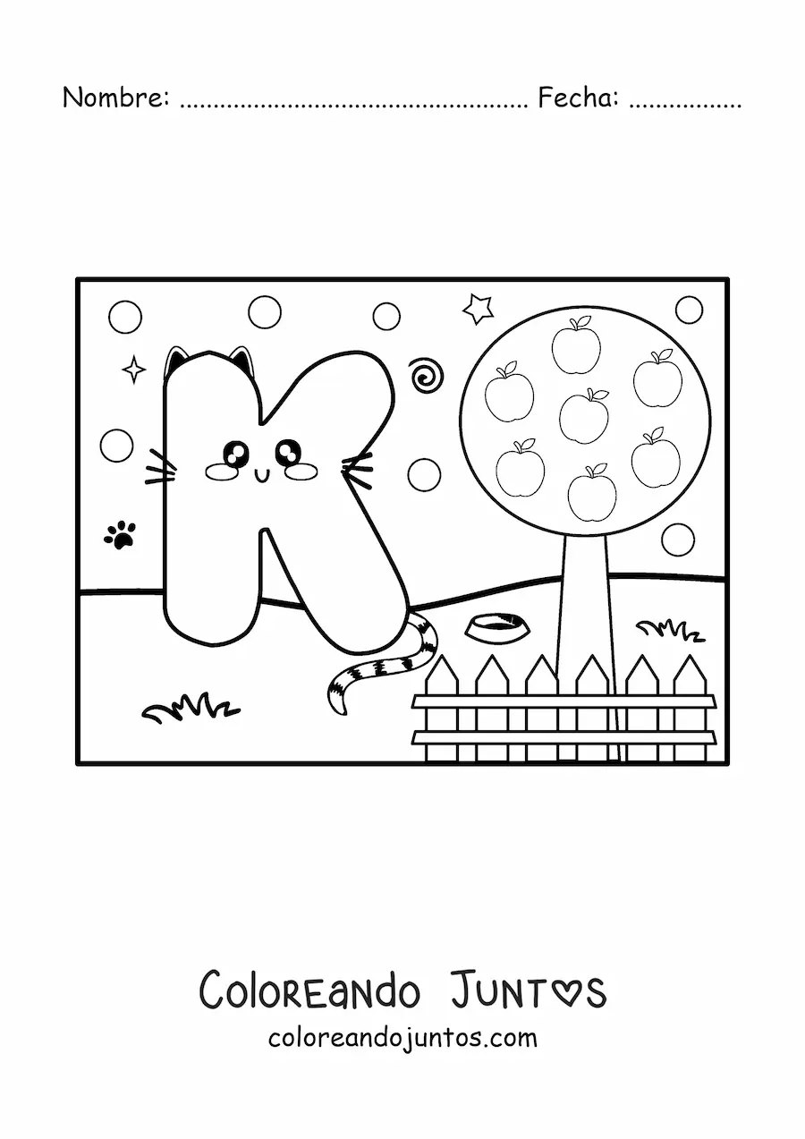 Imagen para colorear de la letra k animada con forma de gato en el parque
