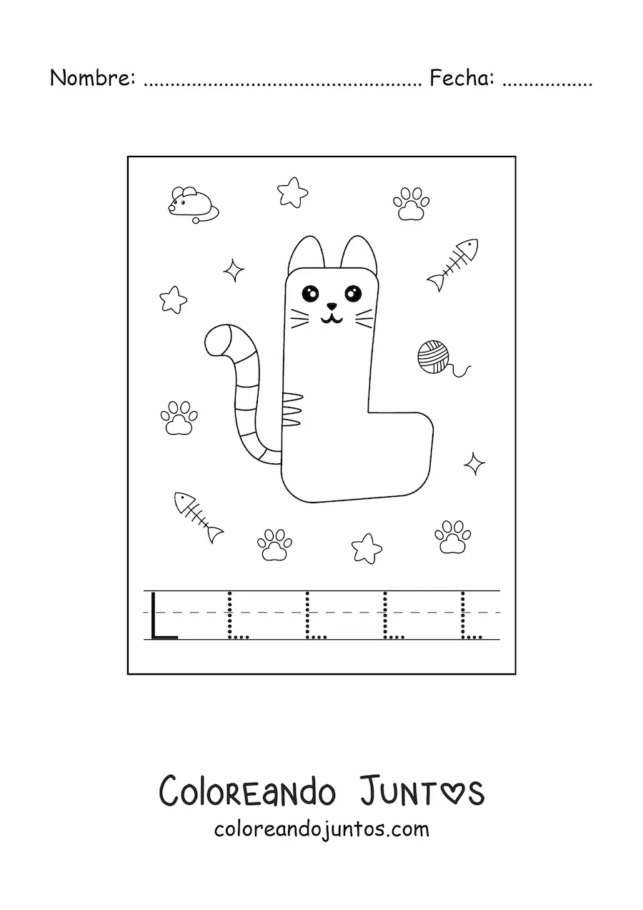 Imagen para colorear de la letra l animada con forma de gato