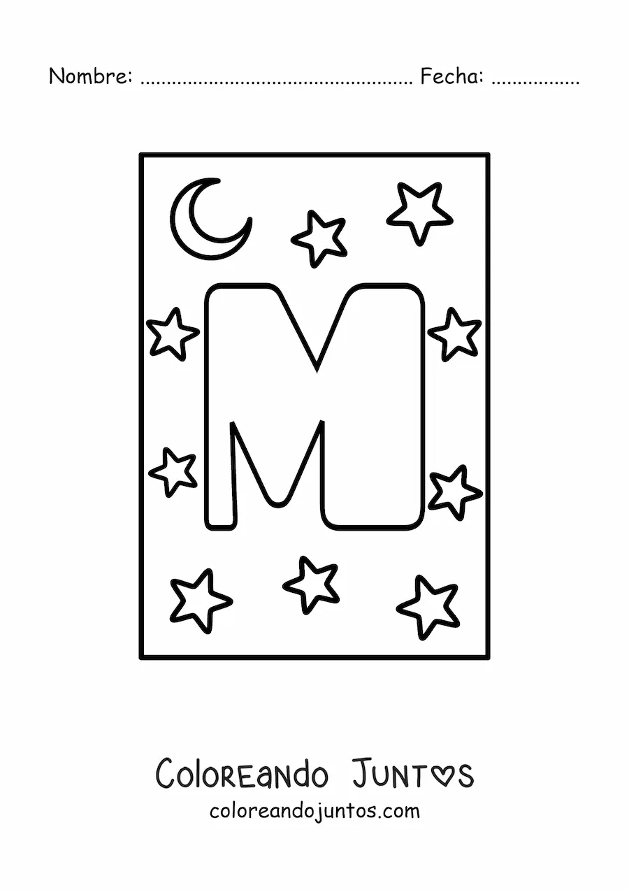 Imagen para colorear de letra m mayúscula con estrellas y una luna