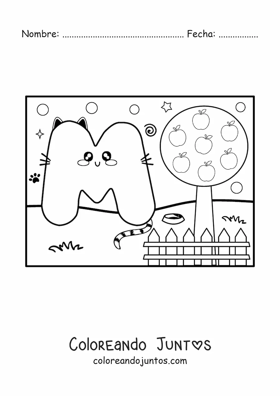Imagen para colorear de la letra m animada con forma de gato en el parque