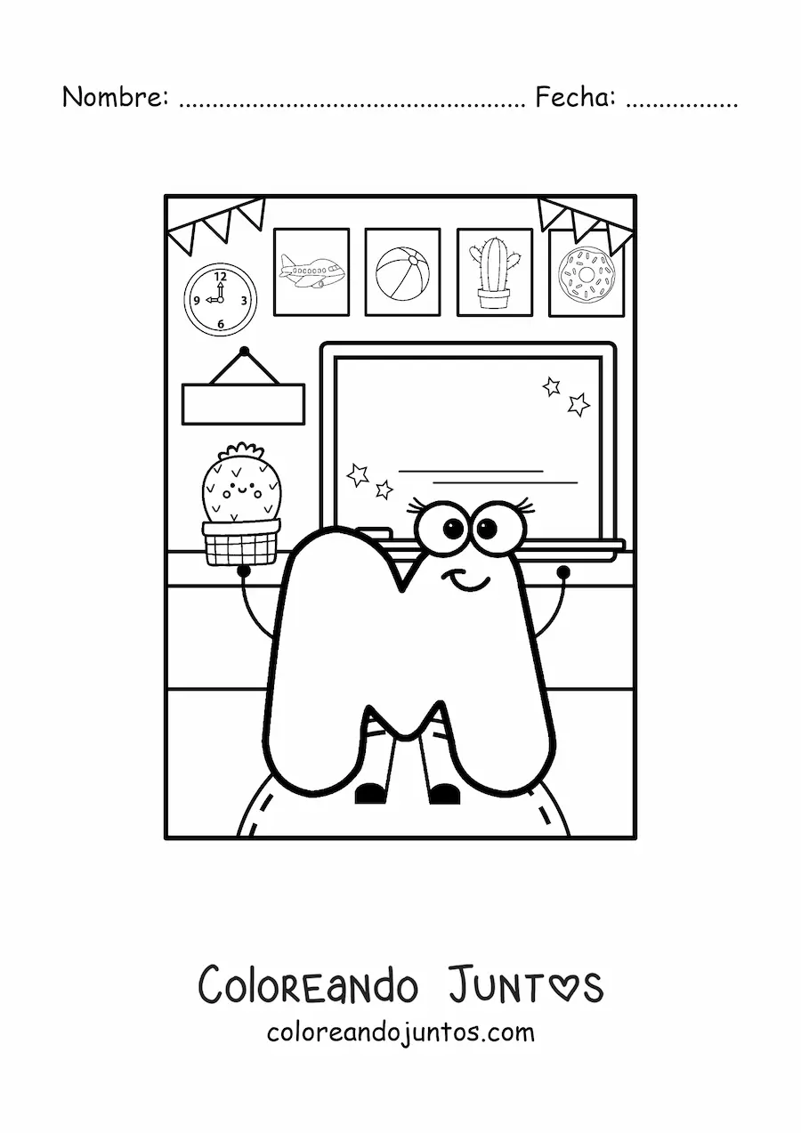 Imagen para colorear de la letra m animada en la escuela